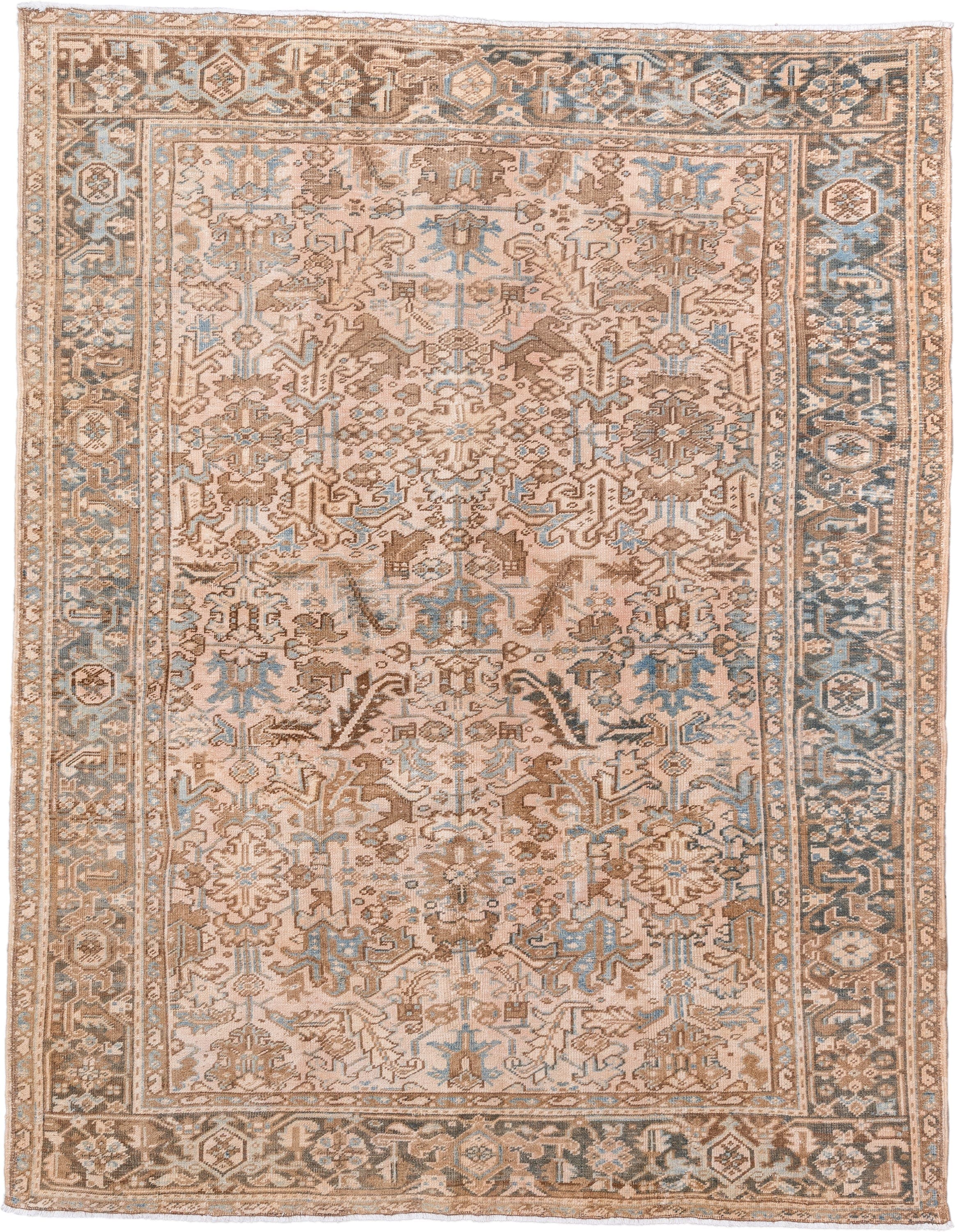 7' x 9' one-of-a-kind handmade antique Heriz rug. Color palette: ivory, taupe, sky blue, brown, camel, slate, beige, gray