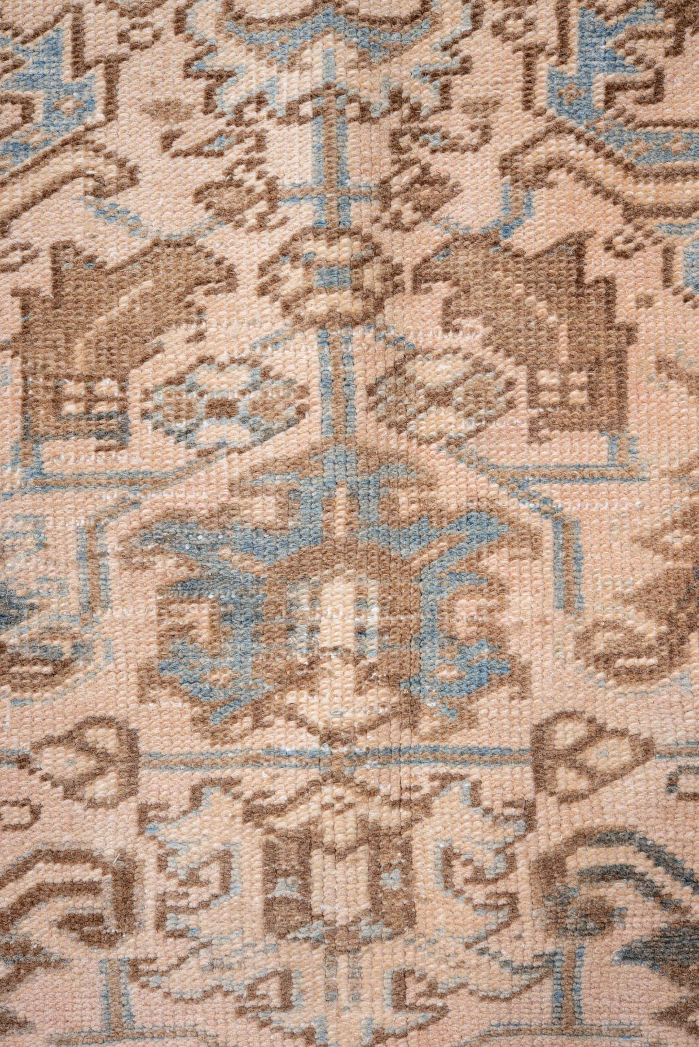 7' x 9' one-of-a-kind handmade antique Heriz rug. Color palette: ivory, taupe, sky blue, brown, camel, slate, beige, gray