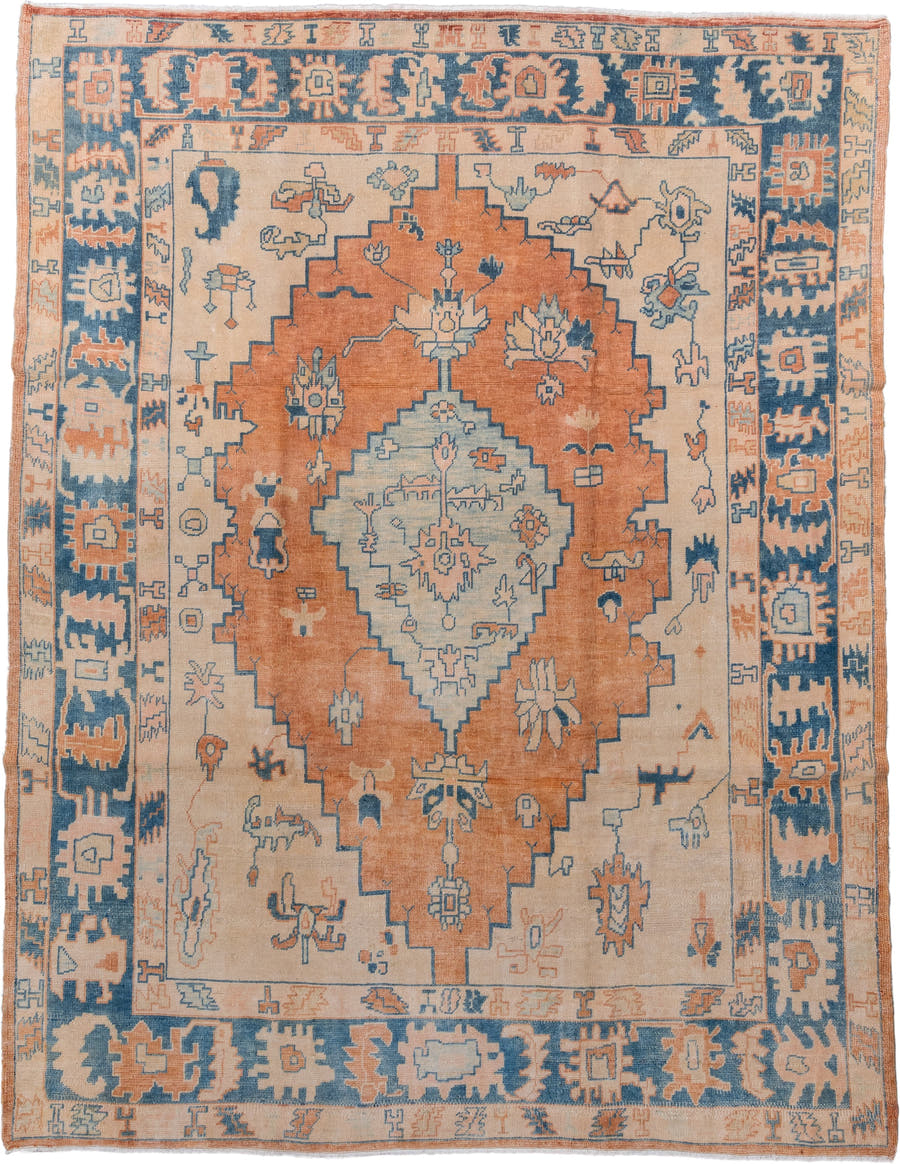 7' x 10' one-of-a-kind handmade antique Oushak large size rug. Color palette: ivory, peach, denim, sky blue, terra cotta