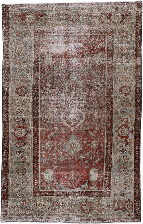 4' x 6' one-of-a-kind handmade antique Malayer small size rug. Color palette: rust, ivory, pale blue, taupe, brick, sage
