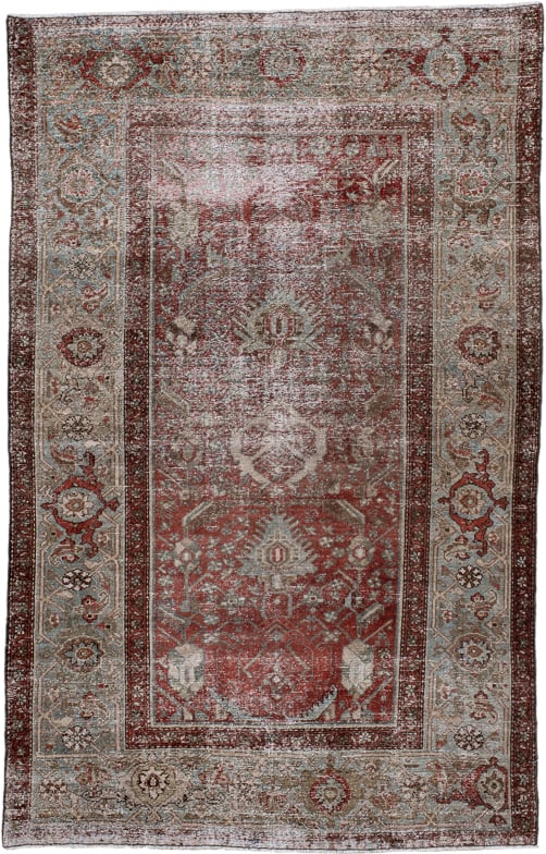 4' x 6' one-of-a-kind handmade antique Malayer small size rug. Color palette: rust, ivory, pale blue, taupe, brick, sage