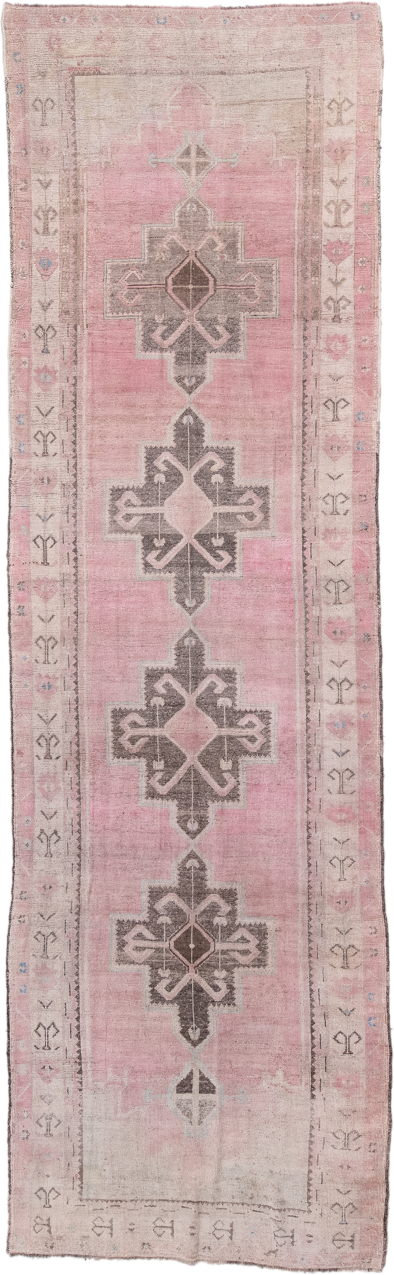 4' x 13' one-of-a-kind handmade antique Oushak runner rug. Color palette: blush, ivory, taupe, charcoal, rose, pale blue