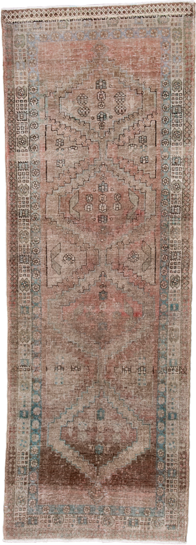 3' x 9' one-of-a-kind handmade antique Sarab runner rug. Color palette: rose, ivory, taupe, sky_blue, brown, camel, charcoal