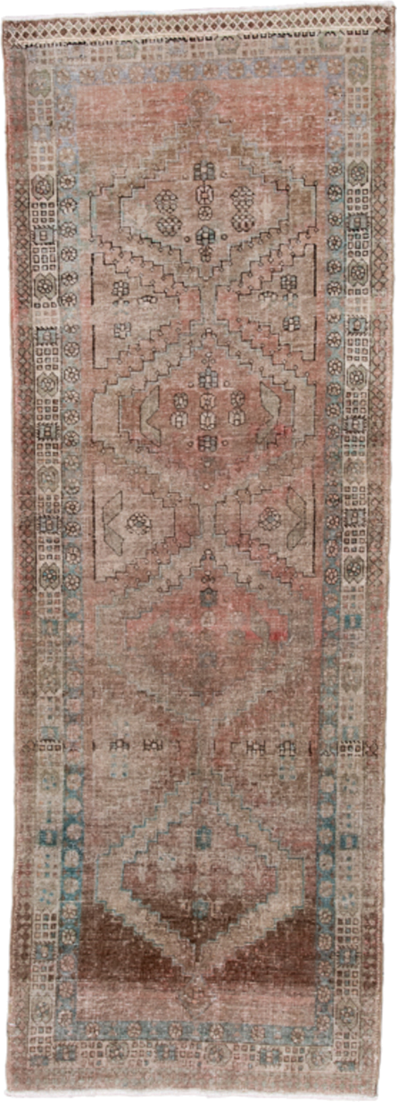 3' x 9' one-of-a-kind handmade antique Sarab runner rug. Color palette: rose, ivory, taupe, sky_blue, brown, camel, charcoal