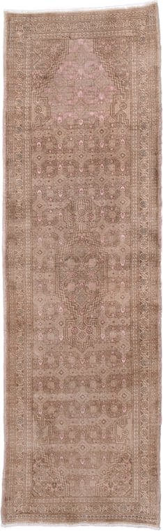 2' x 7' one-of-a-kind handmade antique Sarab runner rug. Color palette: taupe, dusty rose, beige, camel, ivory, soft brown
