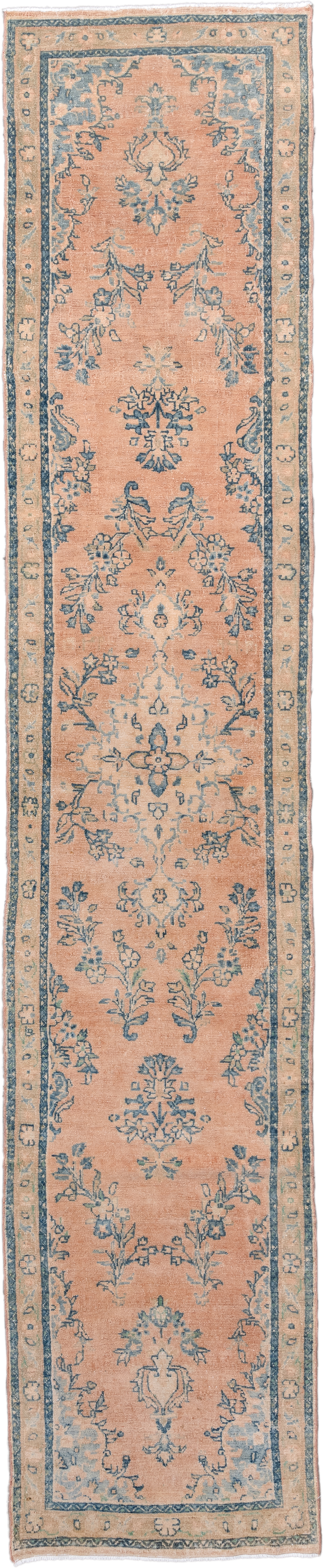 2' x 13' one-of-a-kind handmade antique Dargazin runner rug. Color palette: peach, pale blue, ivory, beige, taupe