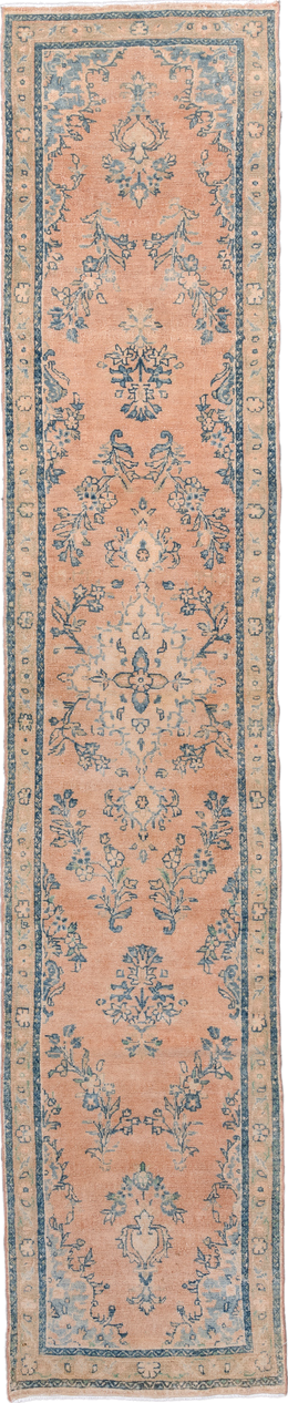2' x 13' one-of-a-kind handmade antique Dargazin runner rug. Color palette: peach, pale blue, ivory, beige, taupe
