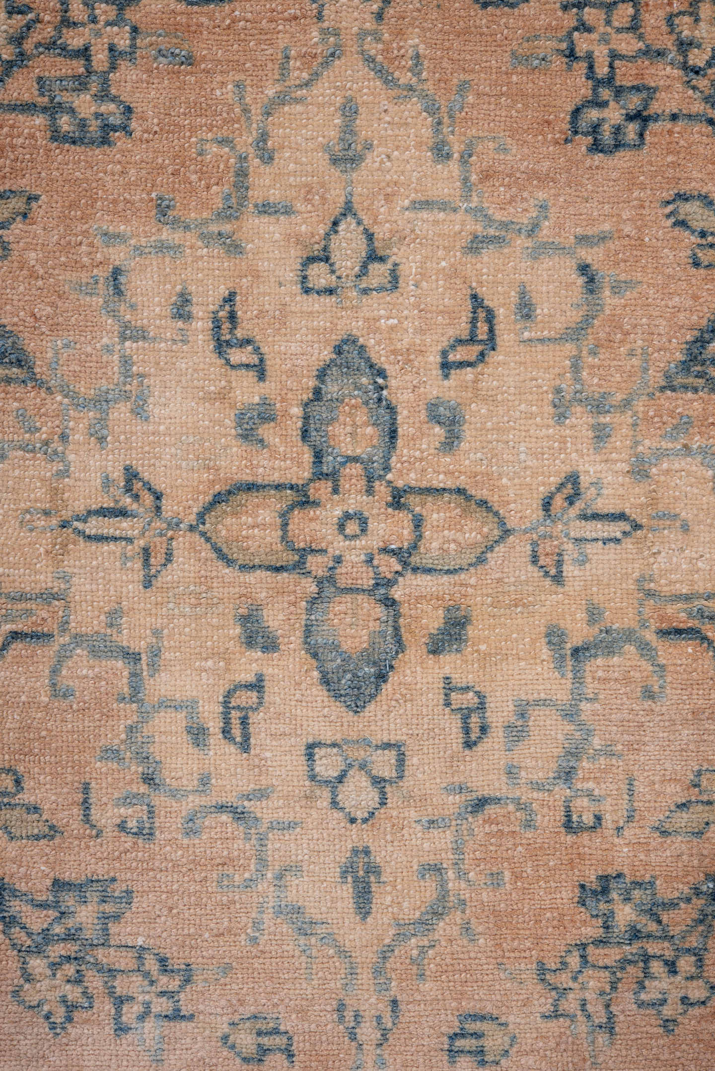 2' x 13' one-of-a-kind handmade antique Dargazin runner rug. Color palette: peach, pale blue, ivory, beige, taupe