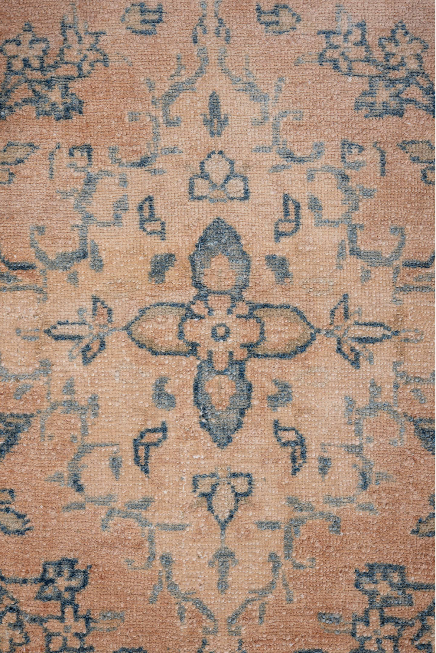 2' x 13' one-of-a-kind handmade antique Dargazin runner rug. Color palette: peach, pale blue, ivory, beige, taupe