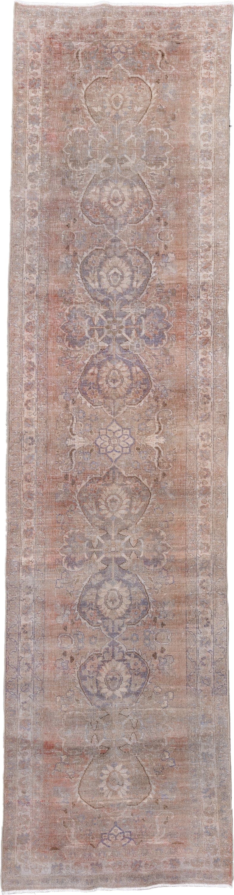 3' x 12' one-of-a-kind handmade antique Sarab runner rug. Color palette: taupe, rose, ivory, slate, dusty blue, beige, gray