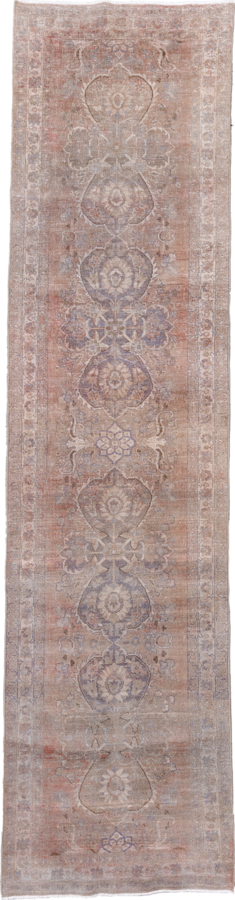 3' x 12' one-of-a-kind handmade antique Sarab runner rug. Color palette: taupe, rose, ivory, slate, dusty blue, beige, gray