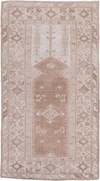 3' x 7' one-of-a-kind handmade vintage Oushak rug. Color palette: blush, ivory, taupe, camel, pink, beige, gray