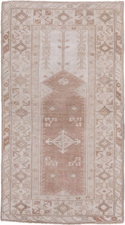 3' x 7' one-of-a-kind handmade vintage Oushak rug. Color palette: blush, ivory, taupe, camel, pink, beige, gray