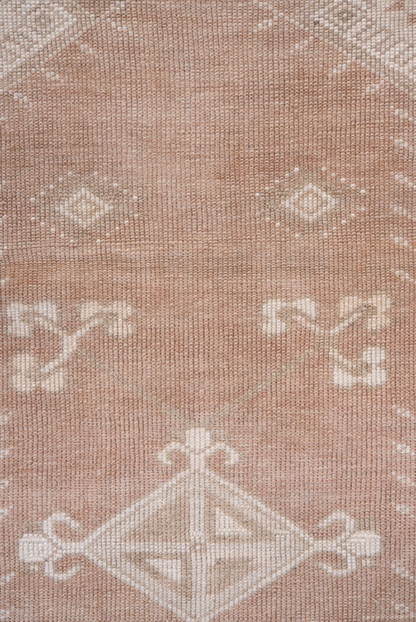 3' x 7' one-of-a-kind handmade vintage Oushak rug. Color palette: blush, ivory, taupe, camel, pink, beige, gray