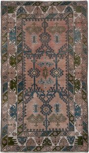 4' x 6' one-of-a-kind handmade antique Oushak small size rug. Color palette: blush, teal, taupe, olive, ivory, brown, pink