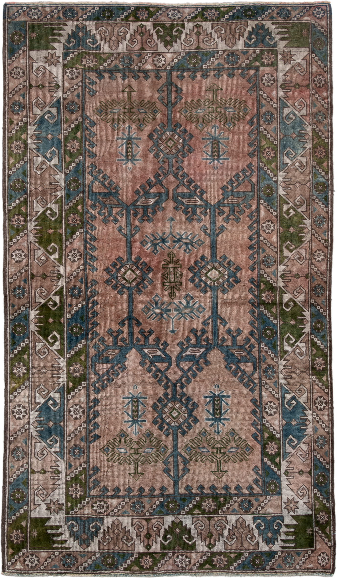 4' x 6' one-of-a-kind handmade antique Oushak small size rug. Color palette: blush, teal, taupe, olive, ivory, brown, pink