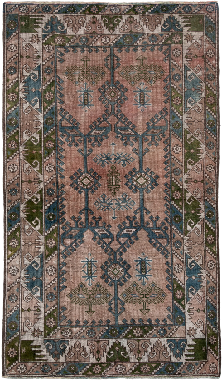 4' x 6' one-of-a-kind handmade antique Oushak small size rug. Color palette: blush, teal, taupe, olive, ivory, brown, pink