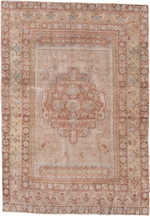 4' x 6' one-of-a-kind handmade antique Oushak small size rug. Color palette: blush, terracotta, ivory, pale blue, taupe