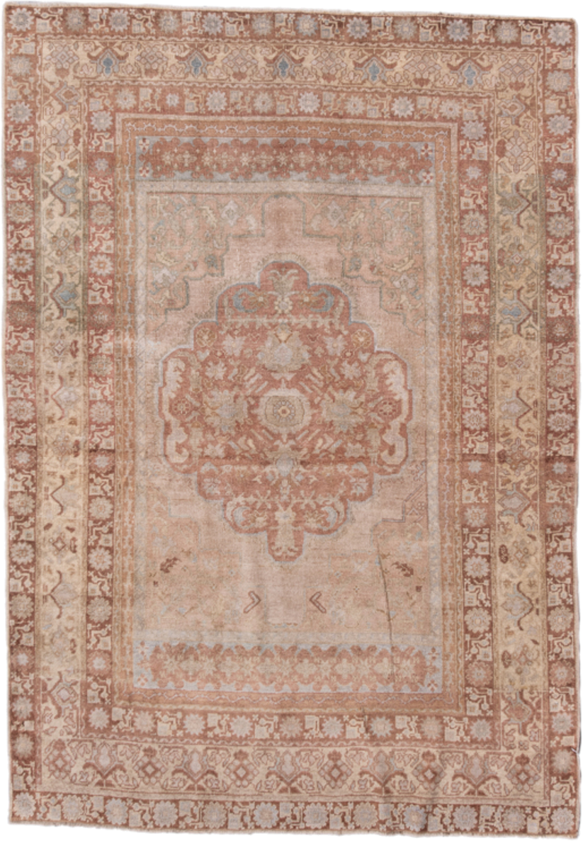 4' x 6' one-of-a-kind handmade antique Oushak small size rug. Color palette: blush, terracotta, ivory, pale blue, taupe