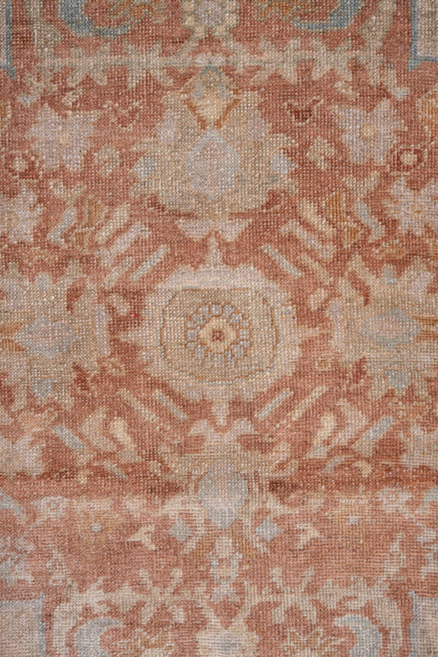 4' x 6' one-of-a-kind handmade antique Oushak small size rug. Color palette: blush, terracotta, ivory, pale blue, taupe