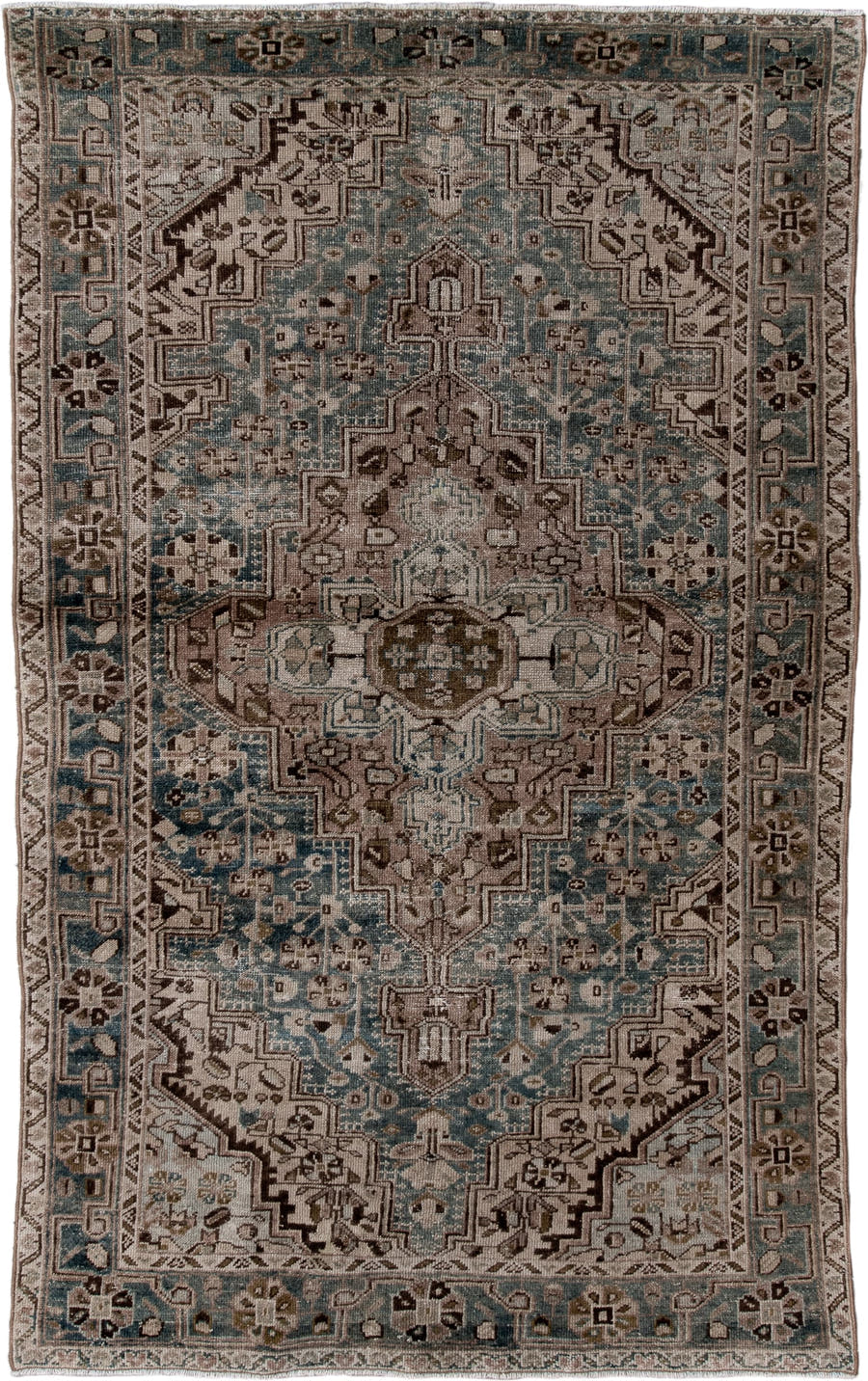 4' x 7' one-of-a-kind handmade antique Hamadan rug. Color palette: aqua, ivory, taupe, brown, charcoal, beige, teal, gray