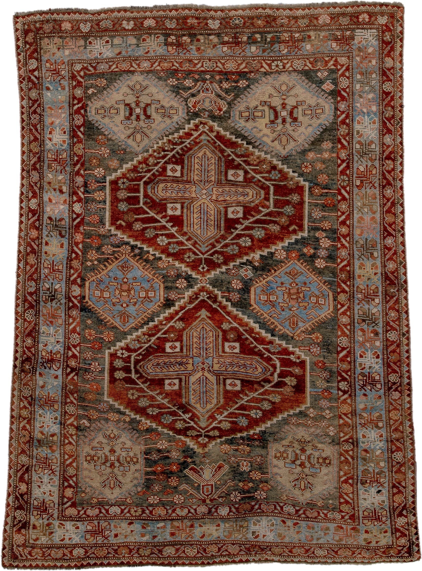 4' x 6' one-of-a-kind handmade antique Baktiary small size rug. Color palette: rust, ivory, sky blue, charcoal, brick, taupe