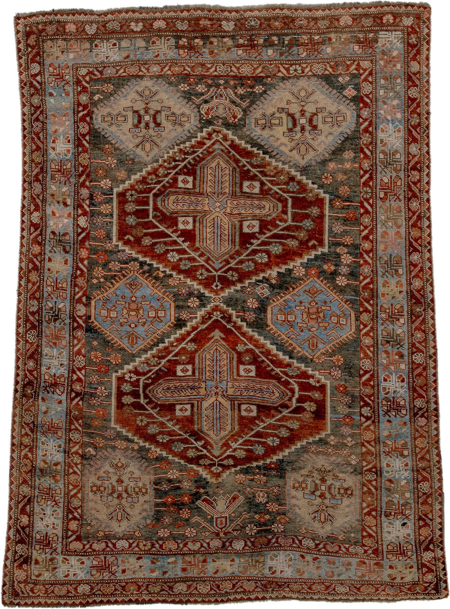 4' x 6' one-of-a-kind handmade antique Baktiary small size rug. Color palette: rust, ivory, sky blue, charcoal, brick, taupe