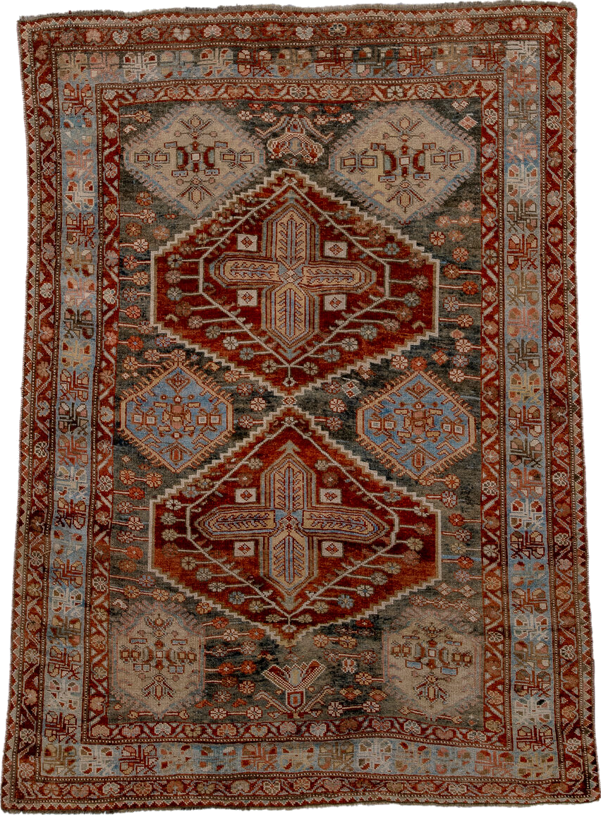 4' x 6' one-of-a-kind handmade vintage Baktiary small size rug. Color palette: black, blue, brown, dark gray, dim gray, gray