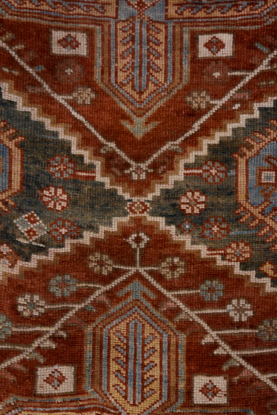 4' x 6' one-of-a-kind handmade antique Baktiary small size rug. Color palette: rust, ivory, sky blue, charcoal, brick, taupe