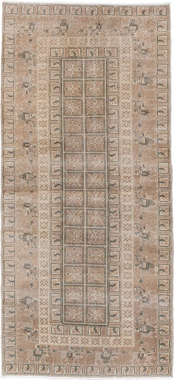 3' x 8' one-of-a-kind handmade antique Sivas runner rug. Color palette: camel, ivory, taupe, sage, brown, charcoal, beige
