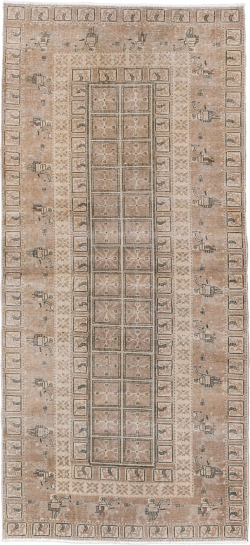 3' x 8' one-of-a-kind handmade antique Sivas runner rug. Color palette: camel, ivory, taupe, sage, brown, charcoal, beige