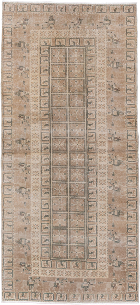 3' x 8' one-of-a-kind handmade antique Sivas runner rug. Color palette: camel, ivory, taupe, sage, brown, charcoal, beige