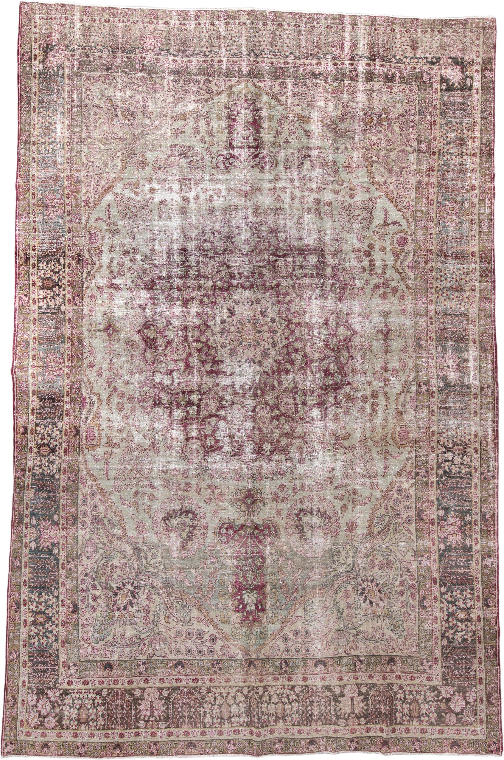 9' x 14' one-of-a-kind handmade antique Lavar large size rug. Color palette: ivory, rose, mauve, taupe, charcoal, blush