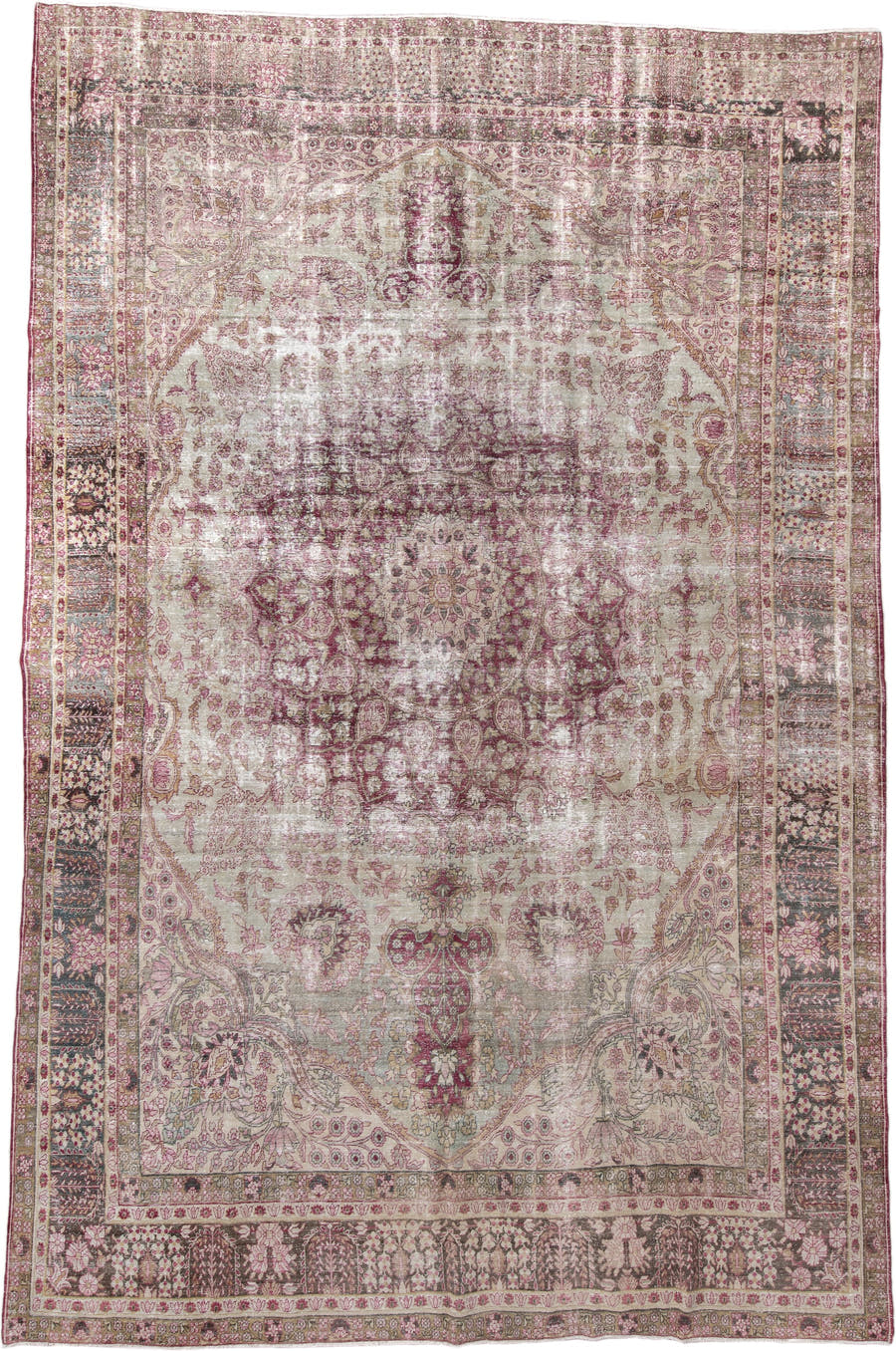 9' x 14' one-of-a-kind handmade antique Lavar large size rug. Color palette: ivory, rose, mauve, taupe, charcoal, blush