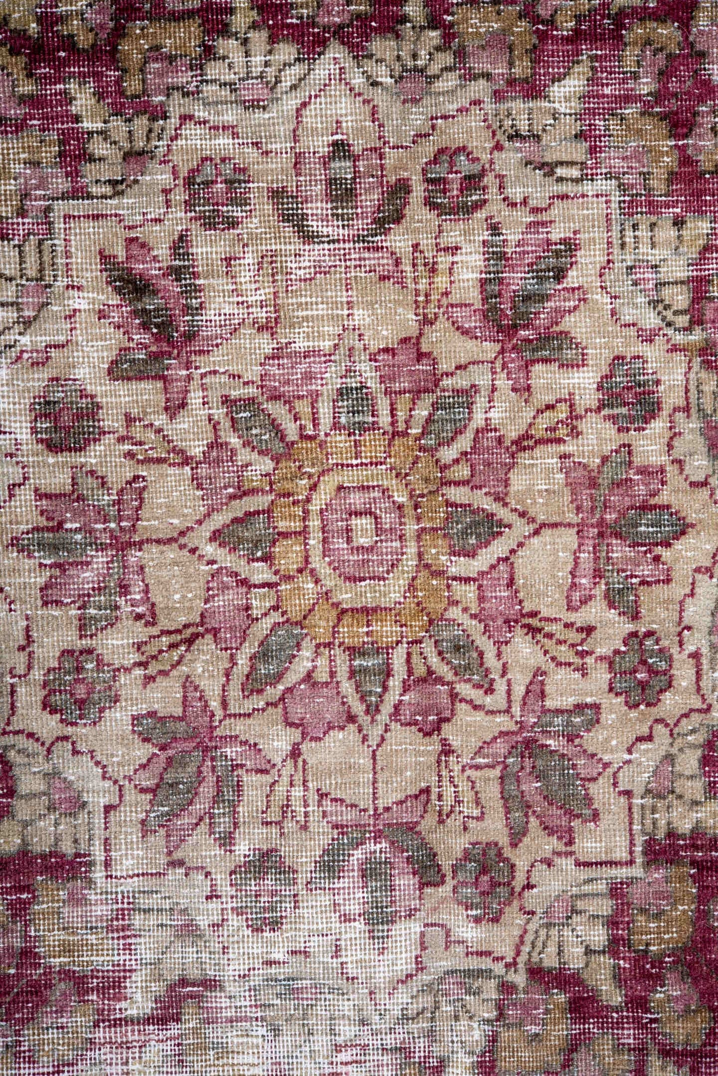 9' x 14' one-of-a-kind handmade antique Lavar large size rug. Color palette: ivory, rose, mauve, taupe, charcoal, blush