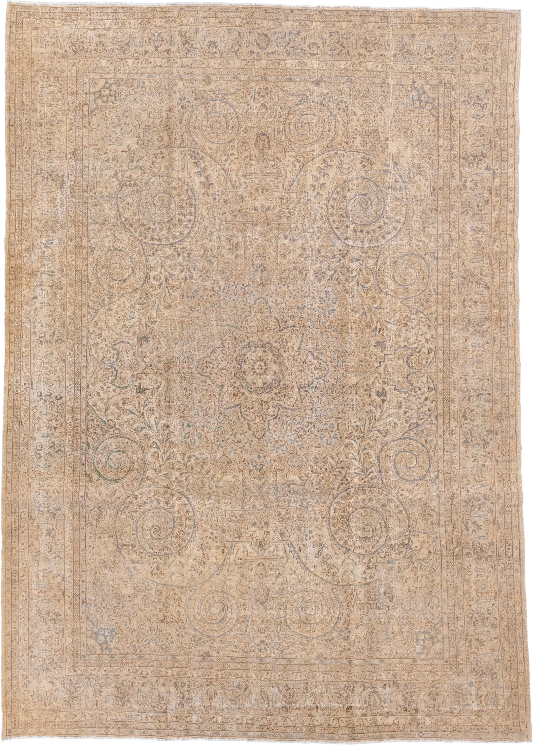 8' x 11' one-of-a-kind handmade antique Kaisary large size rug. Color palette: ivory, beige, taupe, pale blue, camel, sage