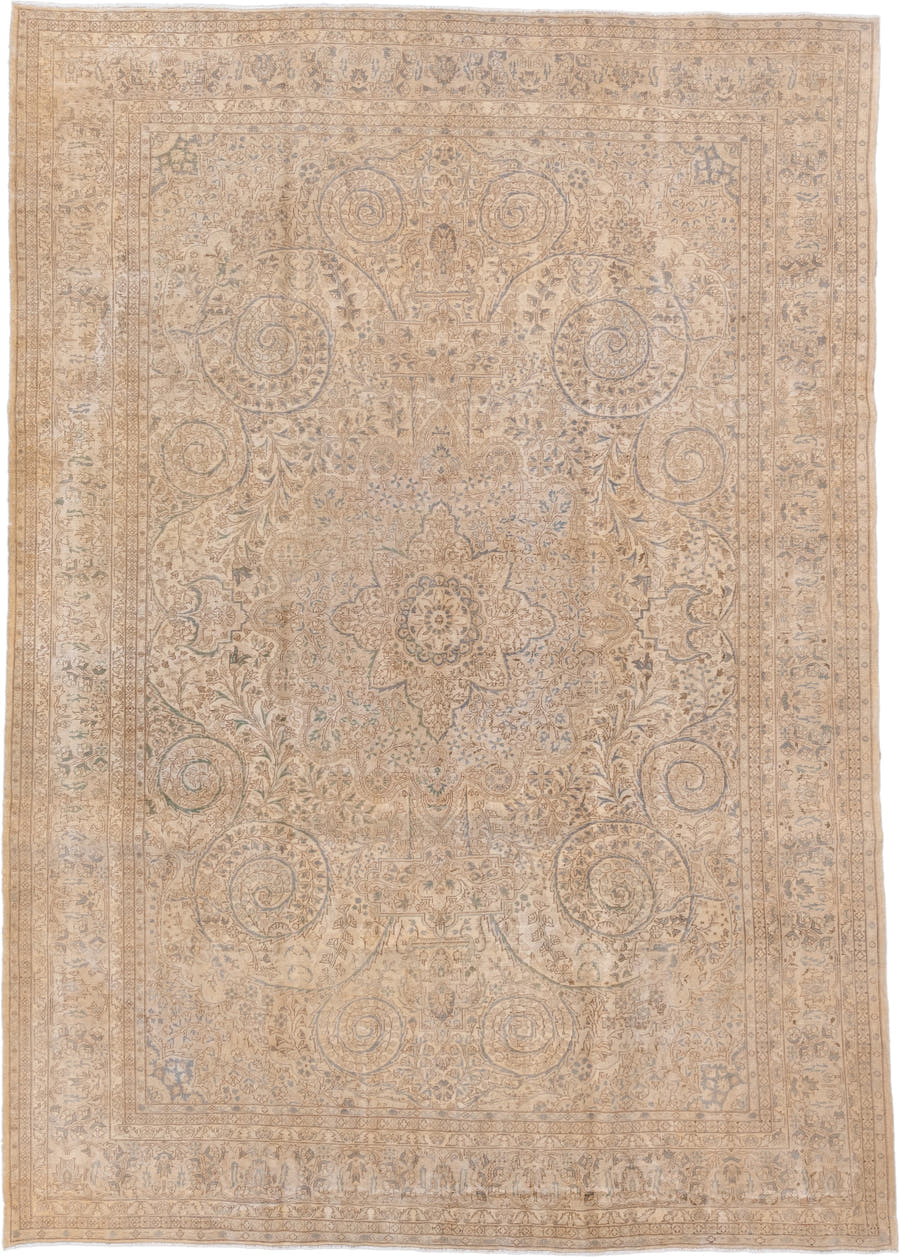8' x 11' one-of-a-kind handmade antique Kaisary large size rug. Color palette: ivory, beige, taupe, pale blue, camel, sage