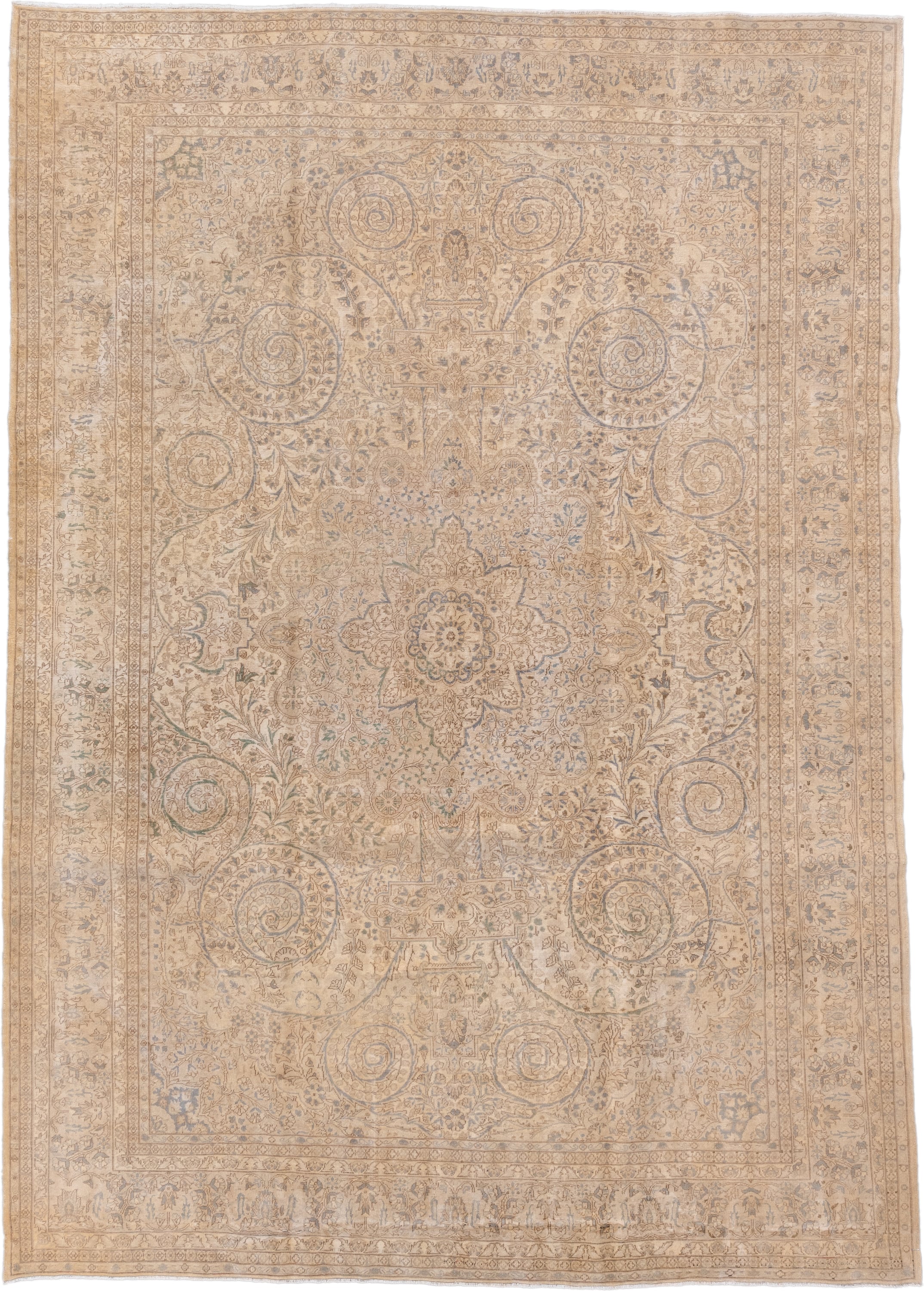 8' x 11' one-of-a-kind handmade antique Kaisary large size rug. Color palette: ivory, beige, taupe, pale blue, camel, sage