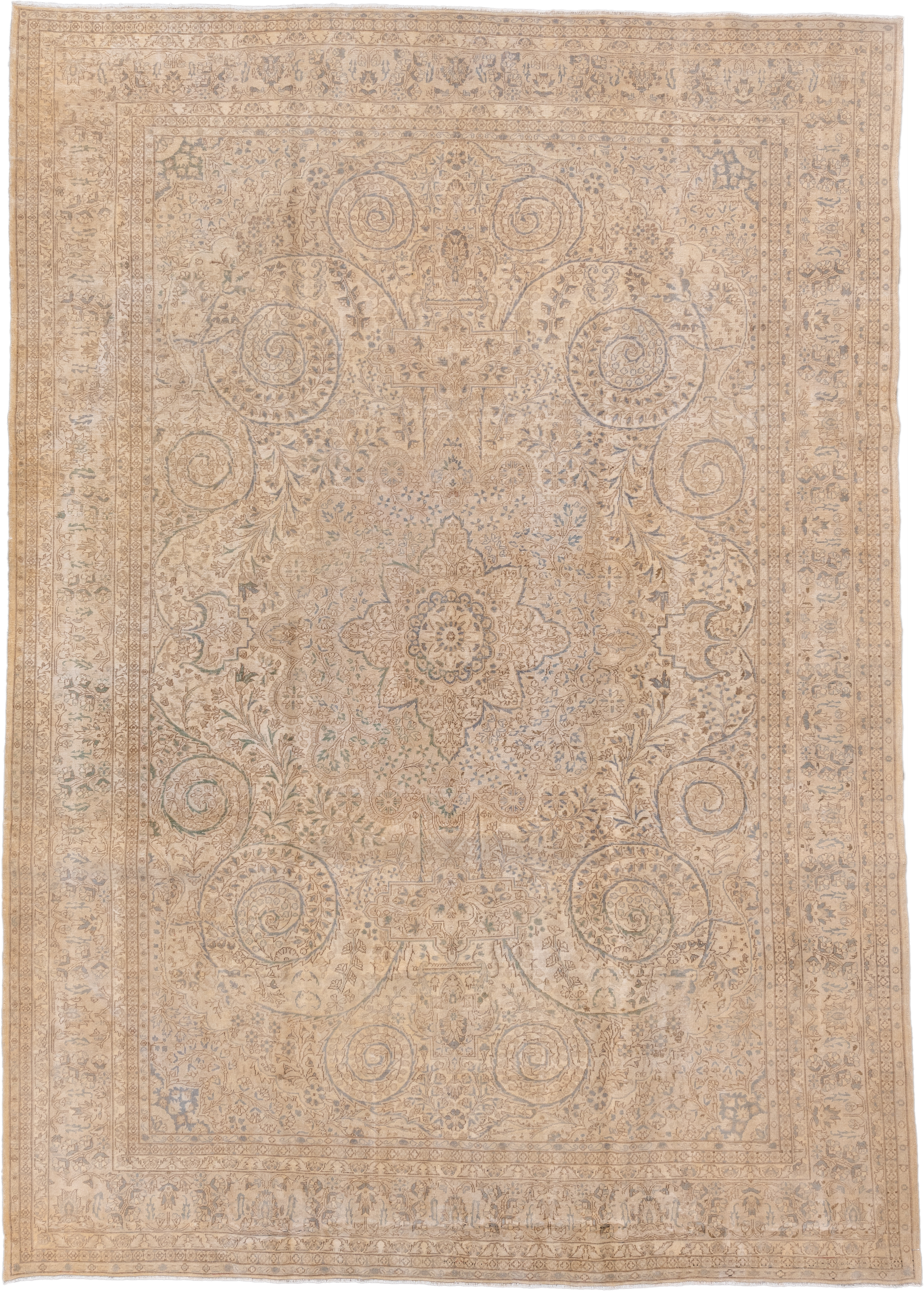 8' x 11' one-of-a-kind handmade antique Kaisary large size rug. Color palette: ivory, beige, taupe, pale blue, camel, sage