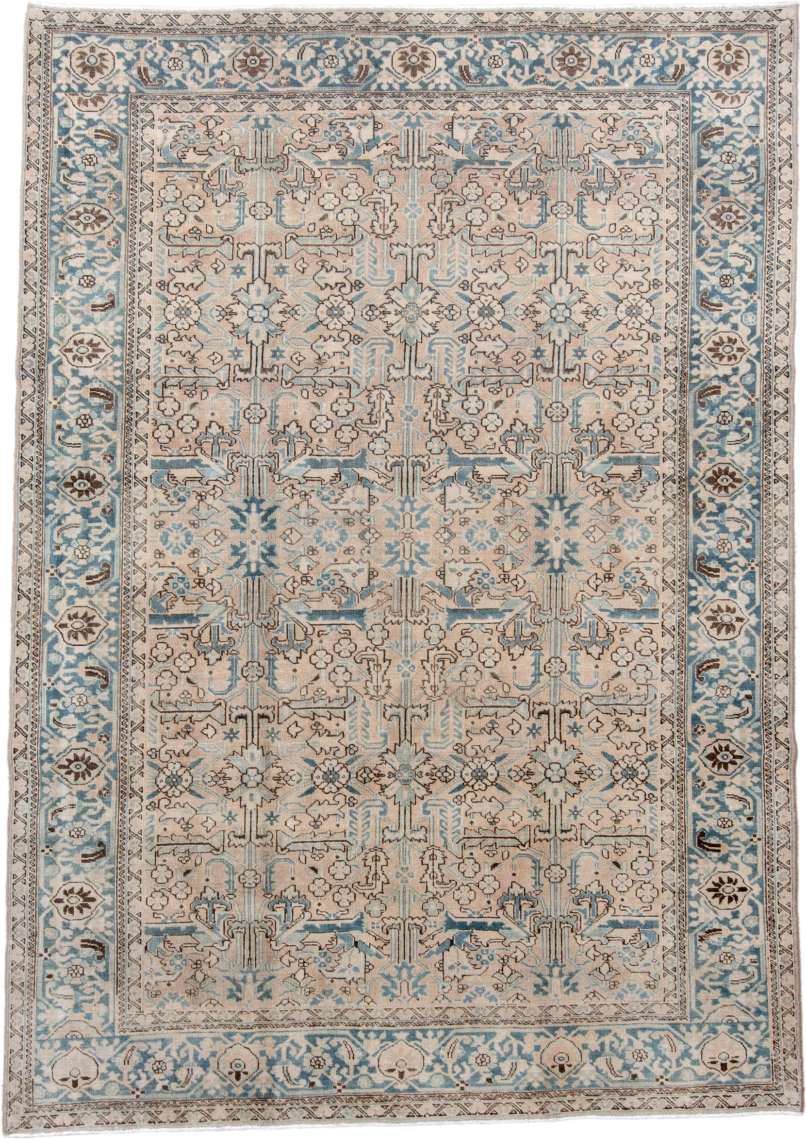 7' x 11' one-of-a-kind handmade antique Heriz large size rug. Color palette: ivory, sky blue, taupe, camel, brown