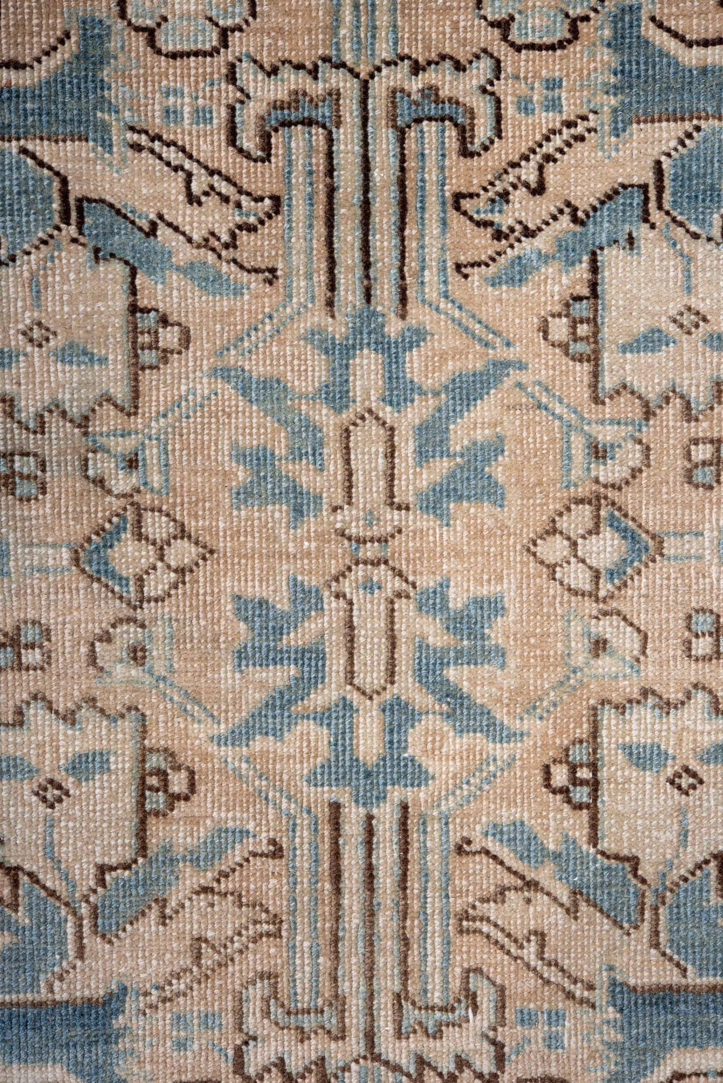 7' x 11' one-of-a-kind handmade antique Heriz large size rug. Color palette: ivory, sky blue, taupe, camel, brown
