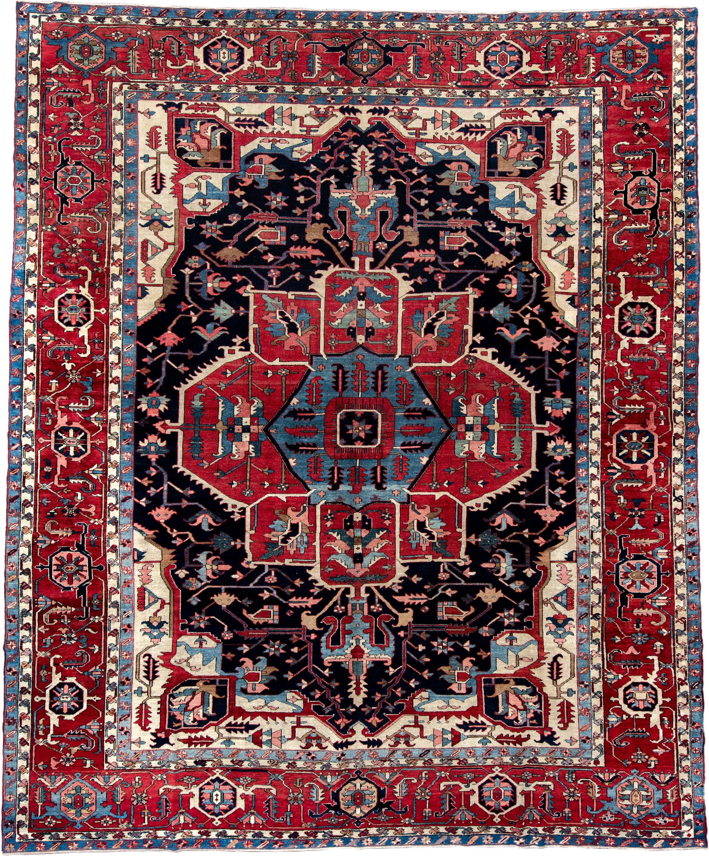 11' x 14' one-of-a-kind handmade vintage Serapi oversize rug. Color palette: brick red, navy, sky blue, ivory, coral, camel