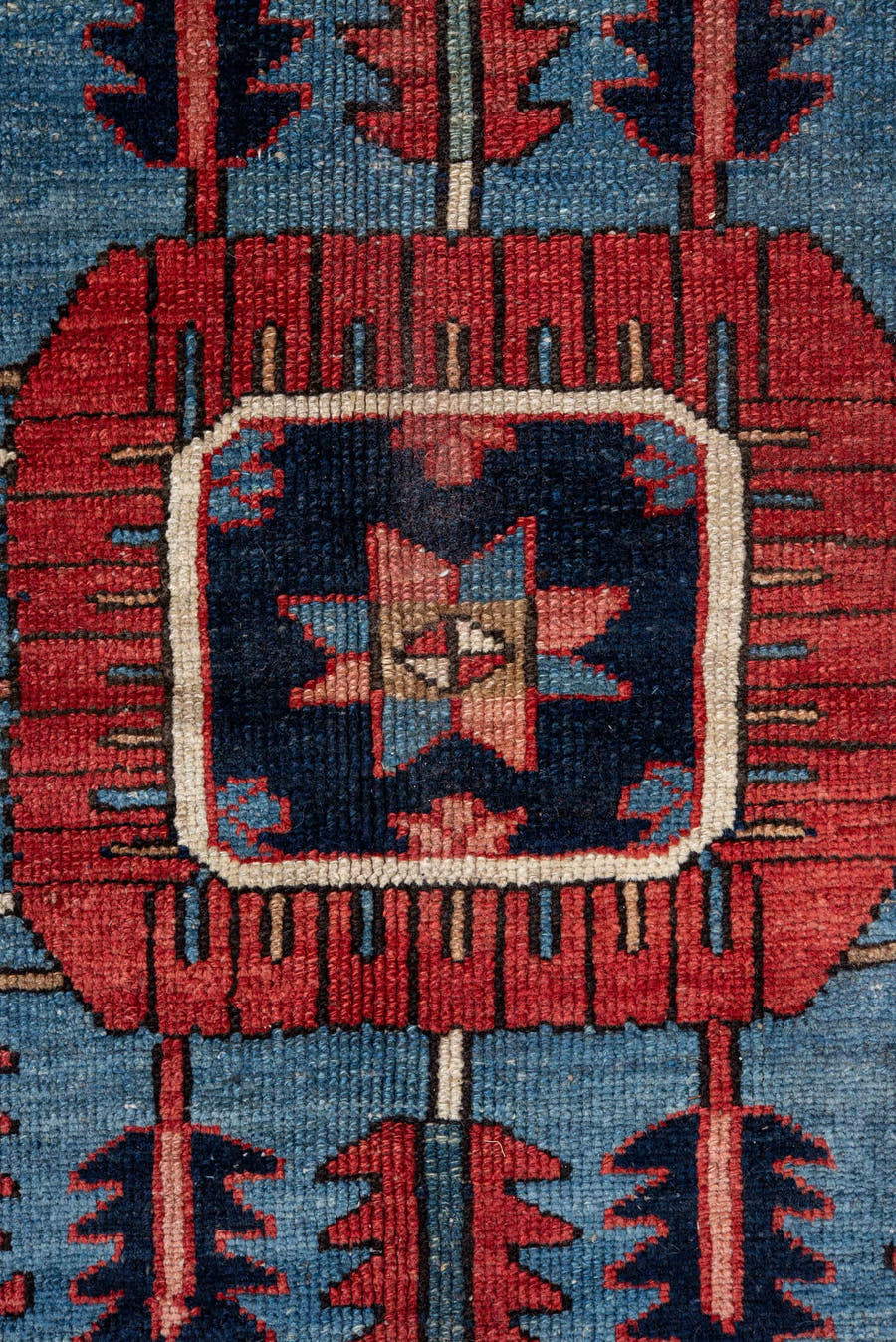 11' x 14' one-of-a-kind handmade vintage Serapi oversize rug. Color palette: brick red, navy, sky blue, ivory, coral, camel