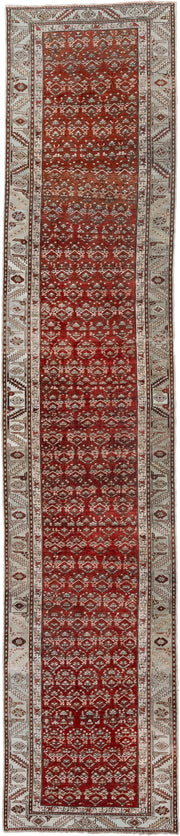 2' x 14' one-of-a-kind handmade antique Caucasian runner rug. Color palette: rust, ivory, crimson, brown, charcoal