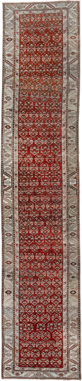 2' x 14' one-of-a-kind handmade antique Caucasian runner rug. Color palette: rust, ivory, crimson, brown, charcoal