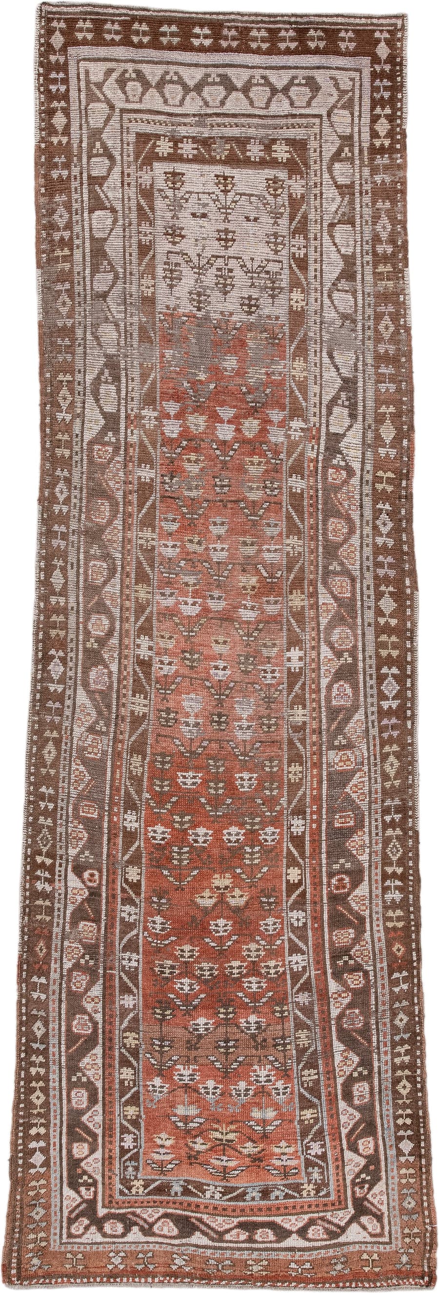 3' x 10' one-of-a-kind handmade antique NW Persian runner rug. Color palette: rust, brown, ivory, terra cotta, taupe