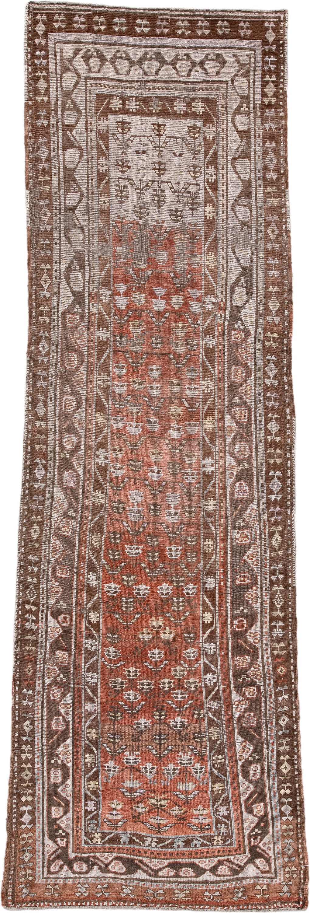 3' x 10' one-of-a-kind handmade antique NW Persian runner rug. Color palette: rust, brown, ivory, terra cotta, taupe