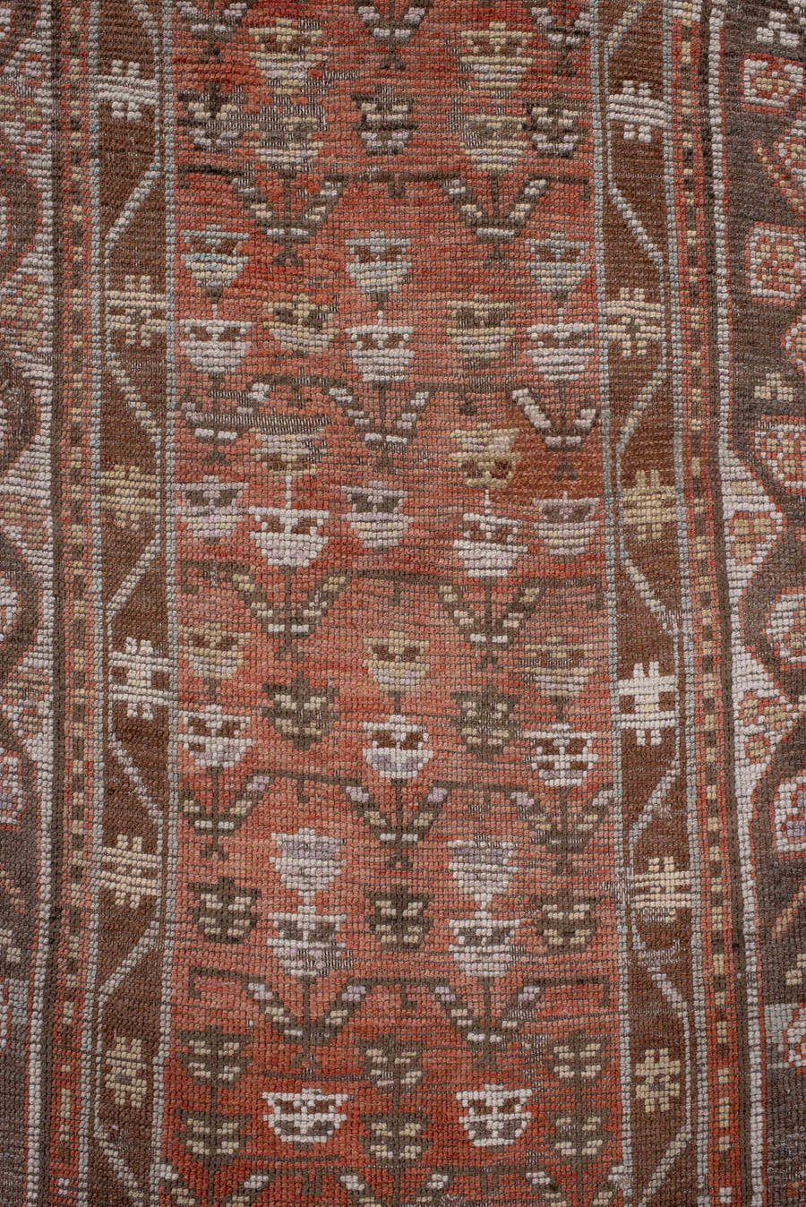 3' x 10' one-of-a-kind handmade antique NW Persian runner rug. Color palette: rust, brown, ivory, terra cotta, taupe
