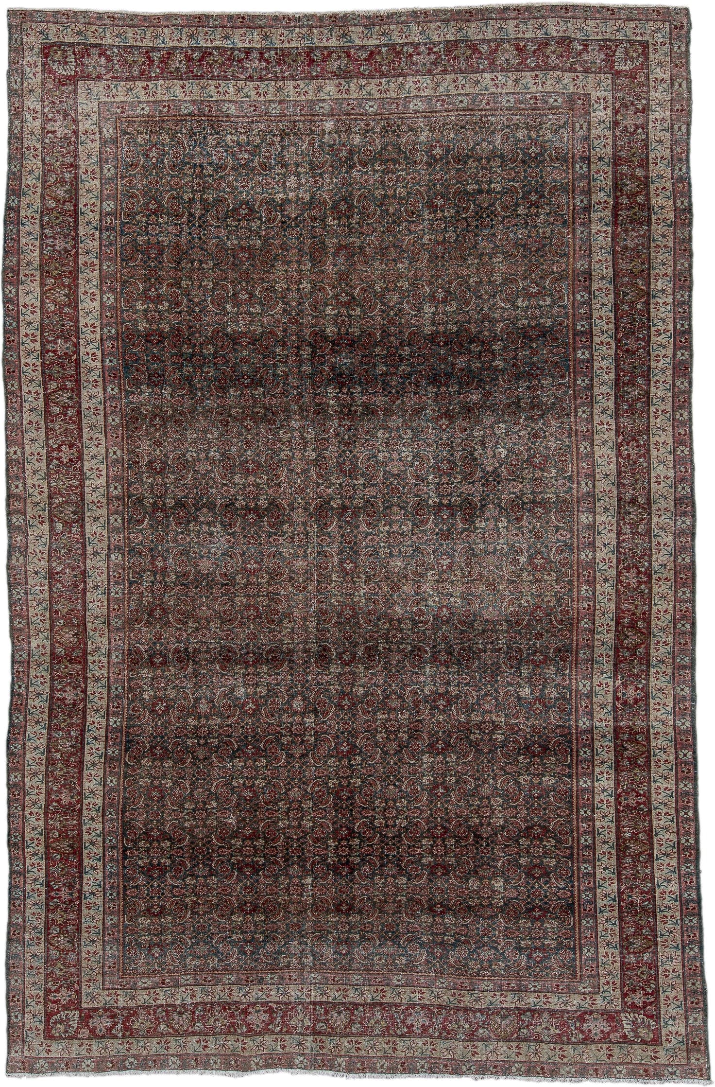 7' x 12' one-of-a-kind handmade vintage Bidjar large size rug. Color palette: rust, navy, ivory, rose, slate, burgundy