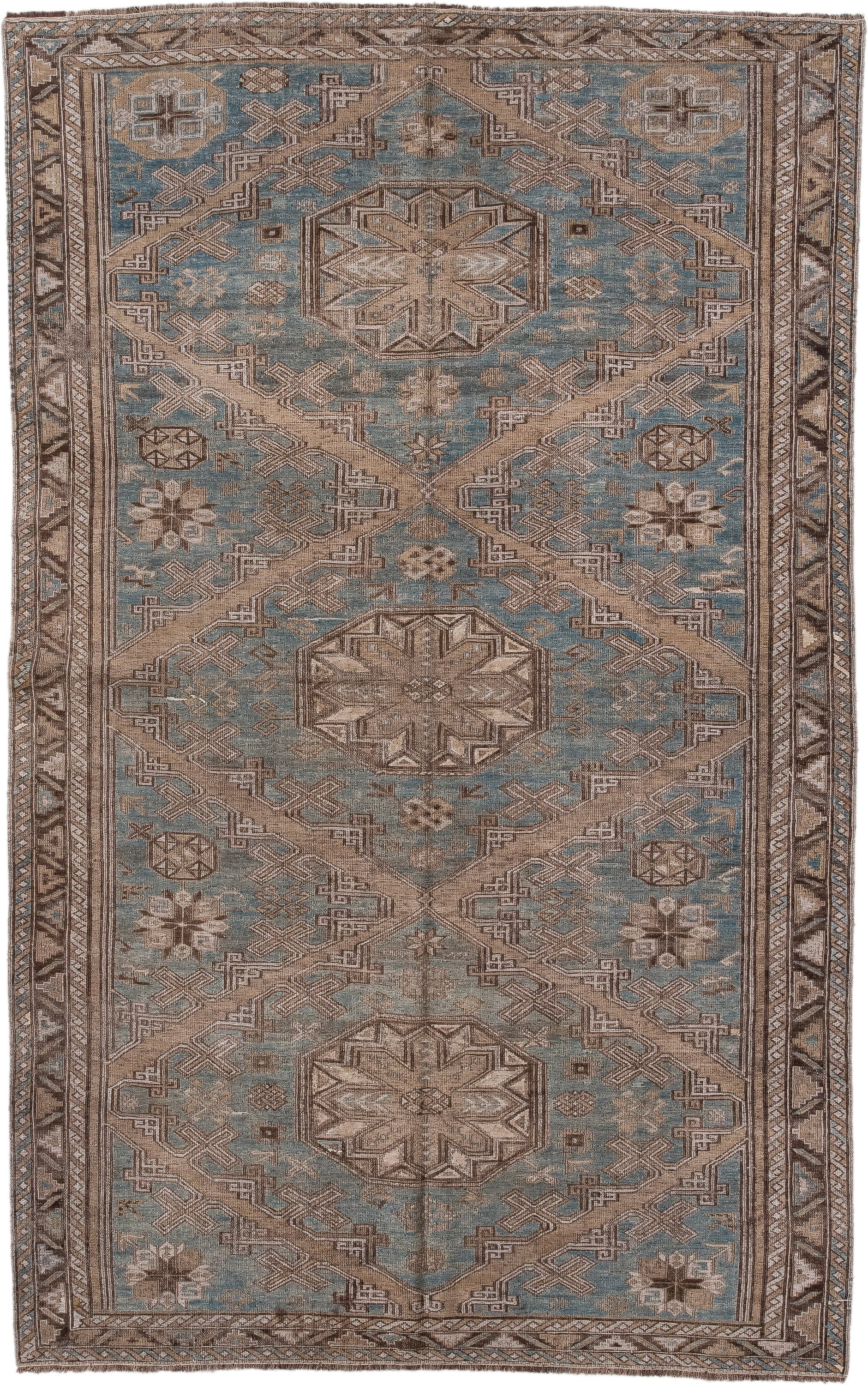 4' x 7' one-of-a-kind handmade vintage Sumak rug. Color palette: light blue, taupe, brown, ivory, camel, slate, beige, gray
